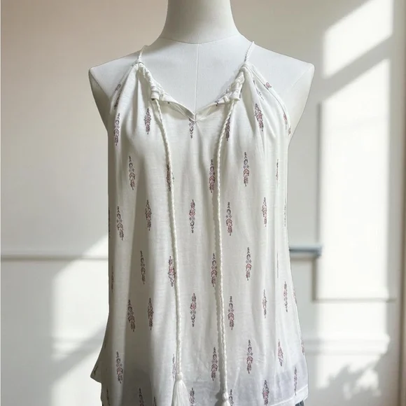 NWT Lascana Camisole Halter White Floral Spaghetti Strap with Tassels! Small! - Picture 3 of 10